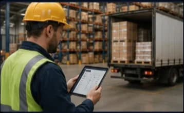 Warehouse operator tracking dispatch and order status on a tablet next to a loading truck