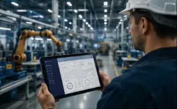 Connected manufacturing operations dashboard tracking production KPIs, WIP, utilization, and factory performance in real time