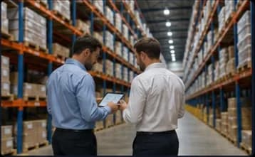 Distributors and dealers reviewing stock inside a manufacturing warehouse
