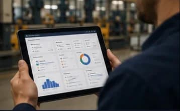 Plant manager monitoring ERP and CRM integrated dashboards on a tablet inside a manufacturing facility